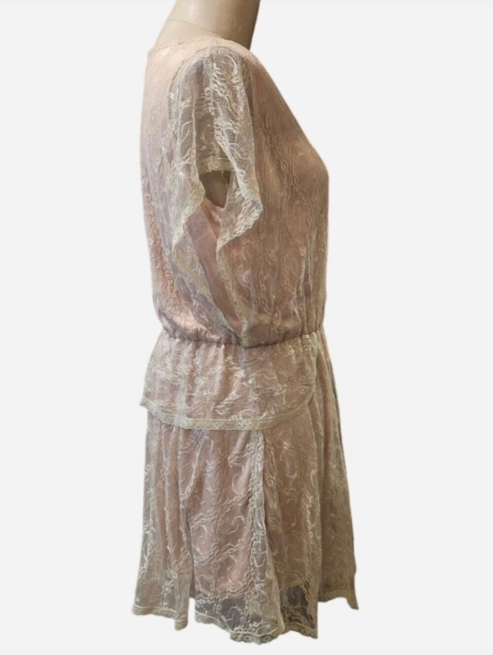 VTG 60s/70s Era. Cream Mini Dress w/ Sheer Lace Overlay. Sz Small - Picture 5 of 8